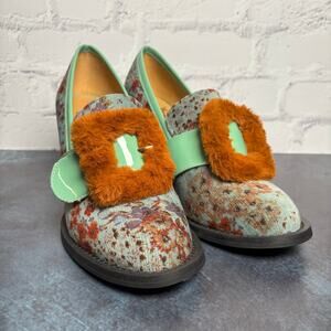 John Fluevog Attic Lyn Green Floral Faux Fur Buckle Loafer Block Heels 9.5